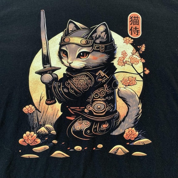 Gildan Tops - Gildan Samurai Cat Shirt Womens 2XL Black Graphic Anime Japan Tee Softstyle
